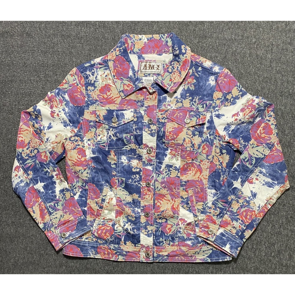 AMX WOMEN'S FULL SNAP DOWN FLORAL DENIM JEAN JACKET PINK BLUE. SIZE M